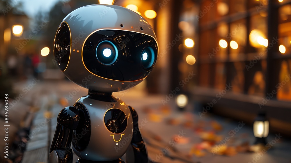Poster a robot is positioned in front of a building during the nighttime.