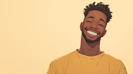 Obraz premium A man with a big smile on his face is wearing a yellow shirt