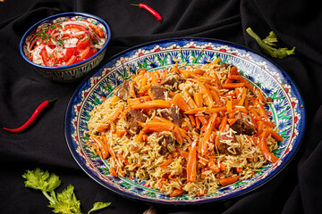 .Pilaf in the handmade plate