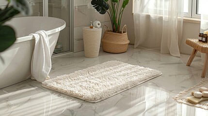 modern e-commerce header image with a high-quality bathroom rug in the center.
well-equipped bath interior that embodies an elegant and minimalist aesthetic. neutral color palette, natural textures an