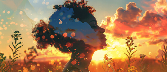 A young woman stands in a field of flowers as the sun sets behind her