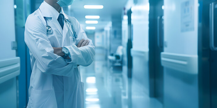 Doctor con las manos cruzadas plano medio parado en un hospital de fondo 