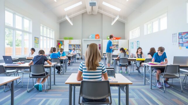 In a modern classroom, the teacher engages diverse students in education within a bright, inspiring environment filled with natural light, encouraging interaction, collaboration, and focused learning