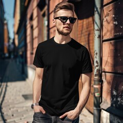 Fototapeta premium Full body view of fit man wearing black T-shirt mockup