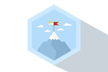 Mountains with a flag on it, leadership emblem concept, achievement success, success reaching the top of career or business, mission symbol, mountain climbing, flat vector illustration on background.