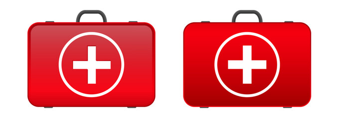Red First Aid kit. Medical car emergency kit. Red medical kit.