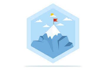Fototapeta premium Mountains with a flag on it, leadership emblem concept, achievement success, success reaching the top of career or business, mission symbol, mountain climbing, flat vector illustration on background.