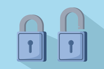 Unlock and close lock icon. Security, encryption, protection, privacy, data access. Locks are locked and unlocked. Two yellow padlocks with keyholes, padlock shape illustration, flat cartoon design.