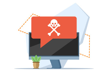 malware warning concept, warning notice on laptop computer, spam data, fraud internet error, unsafe risk danger connection, online fraud, ransomware virus note. flat vector illustration on background.