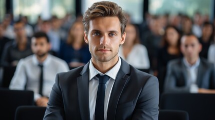 Confident businessman looking at camera in a conference