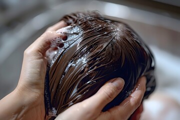 Naklejka premium Woman Applying Leave In Hair Conditioner to Damp Locks for Nourishing Haircare Routine