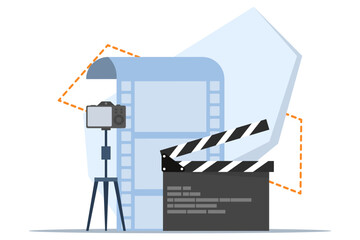 Obraz premium Clapperboard concept, film industry, film video equipment, rotary style clapperboard icon, acting industry, film making device, video film clapper equipment. flat vector illustration.