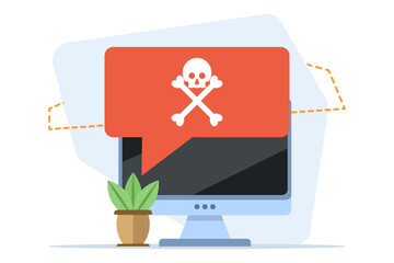 malware warning concept, warning notice on laptop computer, spam data, fraud internet error, unsafe risk danger connection, online fraud, ransomware virus note. flat vector illustration on background.