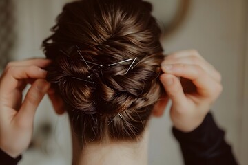 Naklejka premium A Stylish Updo Created with Hairpins Showcasing Feminine Elegance and Beauty