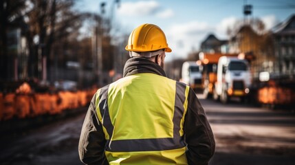 Fototapeta premium Construction worker wearing hardhat and safety vest at a road construction site