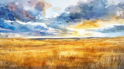 Serene watercolor painting of a golden wheat field under a dramatic sky, capturing the beauty and tranquility of nature.