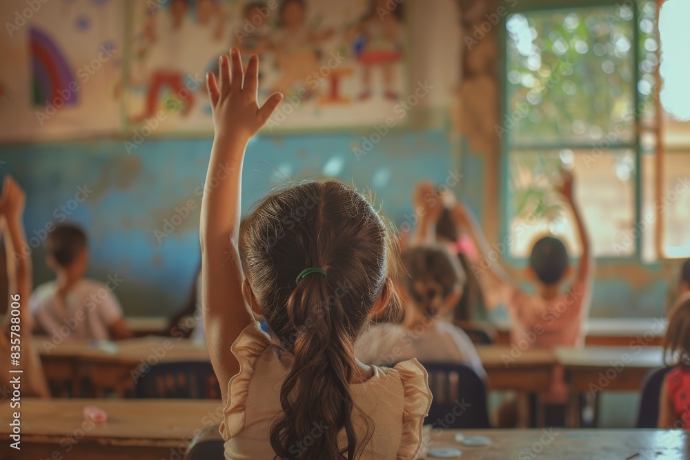 Poster Encouraging active student involvement in the classroom by engaging in interactive learning activities and creating a vibrant academic setting for children through participation and raising hands