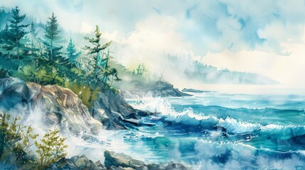 Fototapeta premium Watercolor painting of a misty coastal landscape with waves crashing against rocky shores and pine trees in the background.