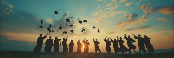 During sunset, graduates happily launch their caps in a gesture symbolizing unity, success, and promising futures. Its a joyous celebration marking their achievements under the open sky
