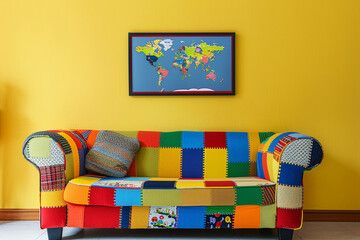 Vibrant children's playroom with a multicolored patchwork sofa and one horizontal poster frame...
