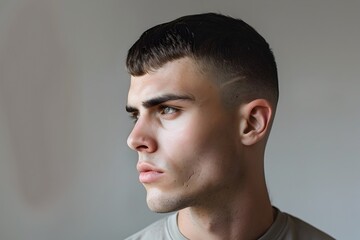 Fototapeta premium Thoughtful Man With Modern Crew Cut Hairstyle Showcasing Clean Lines