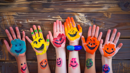 International Friends Day. Happy international friendship day. Top view of six friends hands. The palms are turned upwards. Smiles are painted on the palms. Right hand. Emoji`s birthday