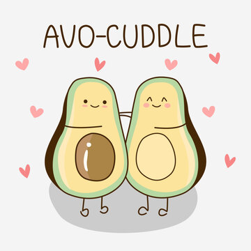 Cute avocado hugging with quote "Avo-cuddle" and hearts on light gray background. Fruit and food pun for card design in love concept