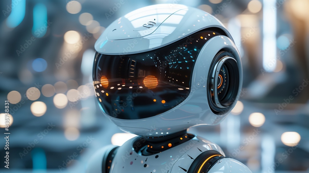 Poster a white robot stands in a futuristic environment, surrounded by advanced technology and sleek archit
