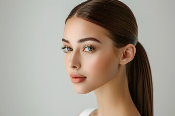Fototapeta premium Elegant Woman with Sleek Ponytail Portrait in Studio Setting