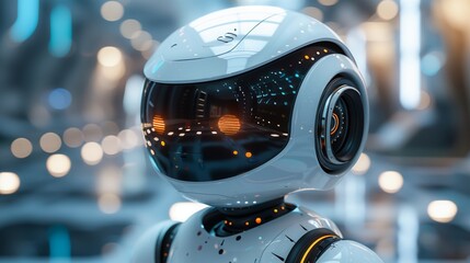 Fototapeta premium A white robot stands in a futuristic environment, surrounded by advanced technology and sleek architecture.