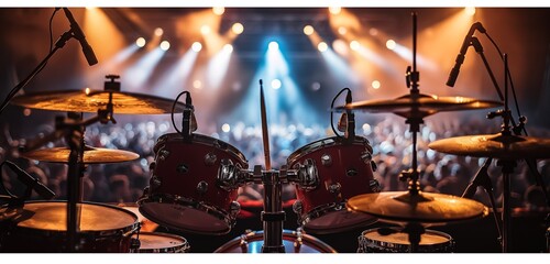 A detailed shot of a drum set under bright stage lights, focus on the shiny cymbals and drumsticks, with a soft-focus crowd illuminated in the background.