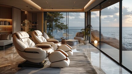 2 all white massage chair facing each other inside a minimalist living room with sea view
