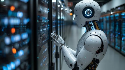 A robot in standing position among servers in a server room.