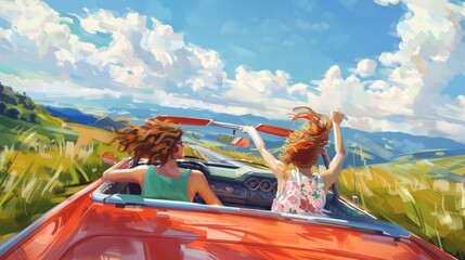 Obraz premium Two women enjoying a scenic road trip in a red convertible on a sunny day with blue skies and clouds. Adventure and freedom on the open road.