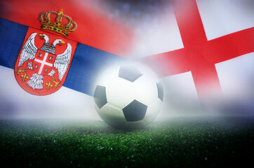 group C stage match , Serbia vs England , Football Nation Flag and soccer ball on green grass