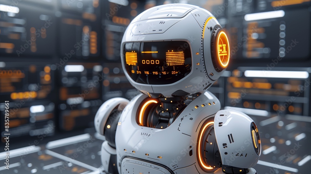 Aufkleber a robot stands in a futuristic environment illuminated by vibrant orange lights, showcasing advanced