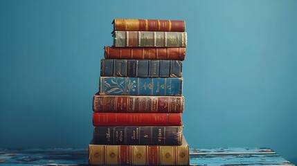 A stack of vintage books, their spines aligned against an Azure background, exuding scholarly elegance.