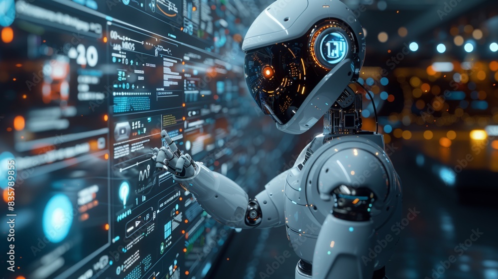 Poster a robot is focused on the computer screen, processing data or information with precision and efficie