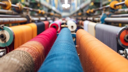 Industrial textile weaving machines producing fabric rolls