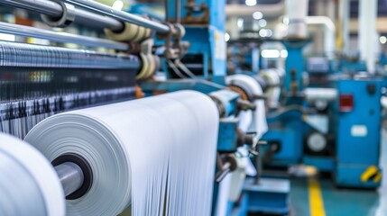 Fototapeta premium Industrial textile weaving machines producing fabric rolls