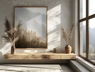Simple, modern interior with framed wall art and wooden cabinets