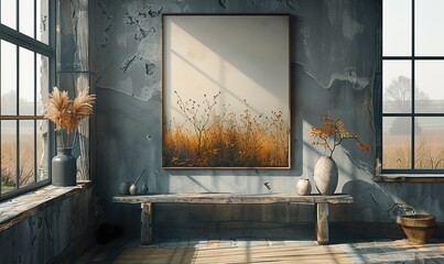 Simple, modern interior with framed wall art and wooden cabinets