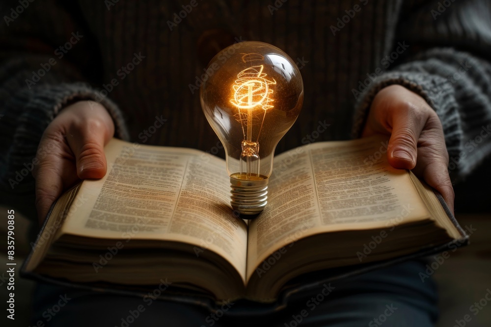 Aufkleber Hands holding a book with a light bulb symbolize the fusion of knowledge and creativity, vital for innovation and education. It links insight and inspiration for learning and idea development
