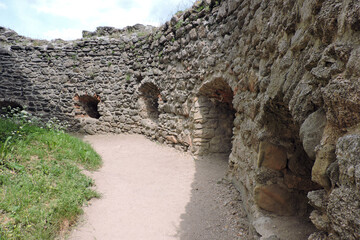 Medieval Chojnik Castle arch windows, walls made of stone, Sobieszów, the Karkonosze National Park, Poland