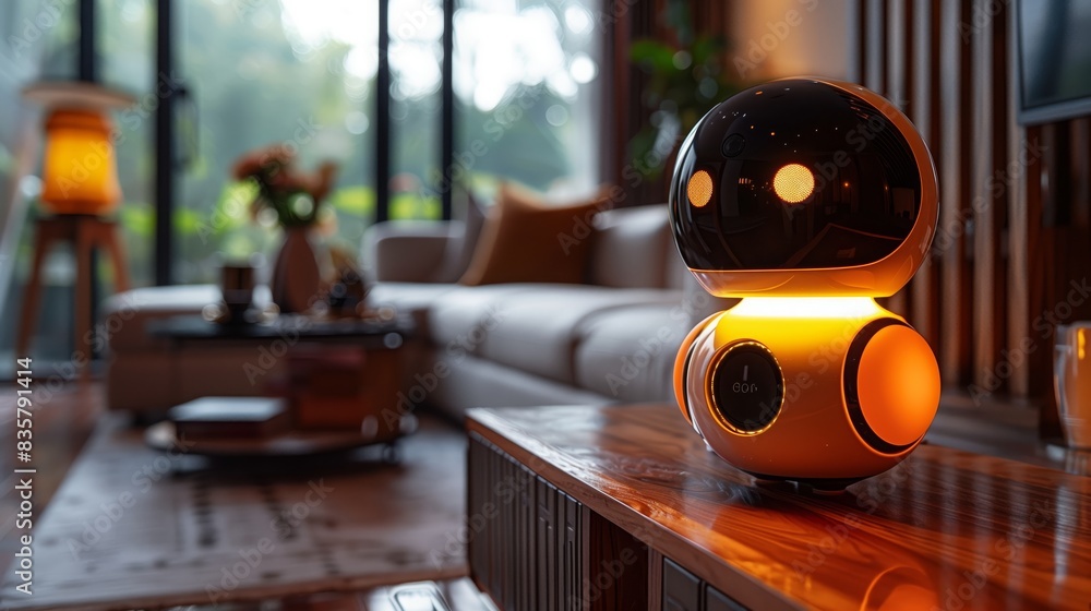 Poster a robot sitting on a table in a modern living room with a sleek design, showcasing advanced technolo