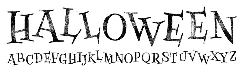 Halloween Font. Haunted, creepy and scary style typeface with a rough, letterpress print texture.