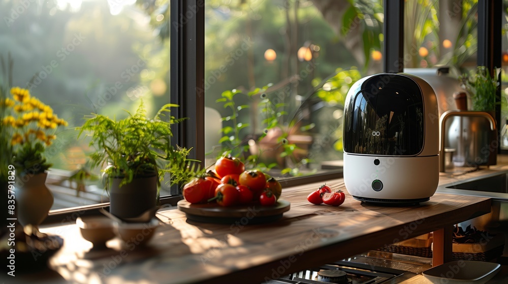 Poster a robot is seated on a table, facing a window. the robots metallic body reflects the natural light c