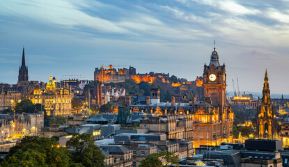 Edinburgh skyline after sunset, view from Calton Hill, Scotland