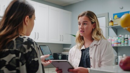 Obraz premium dietitian using a digital tablet to explain individualized nutrition recommendations to a young woman in a clinic setting