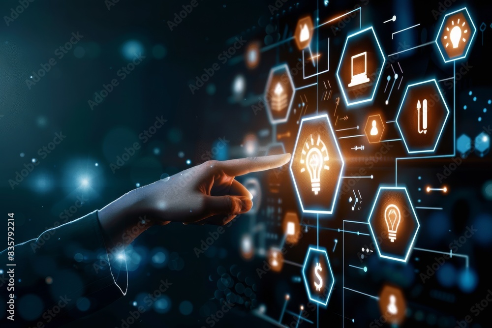 Poster innovative digital solutions a hand touches a digital interface with technology icons like a light b
